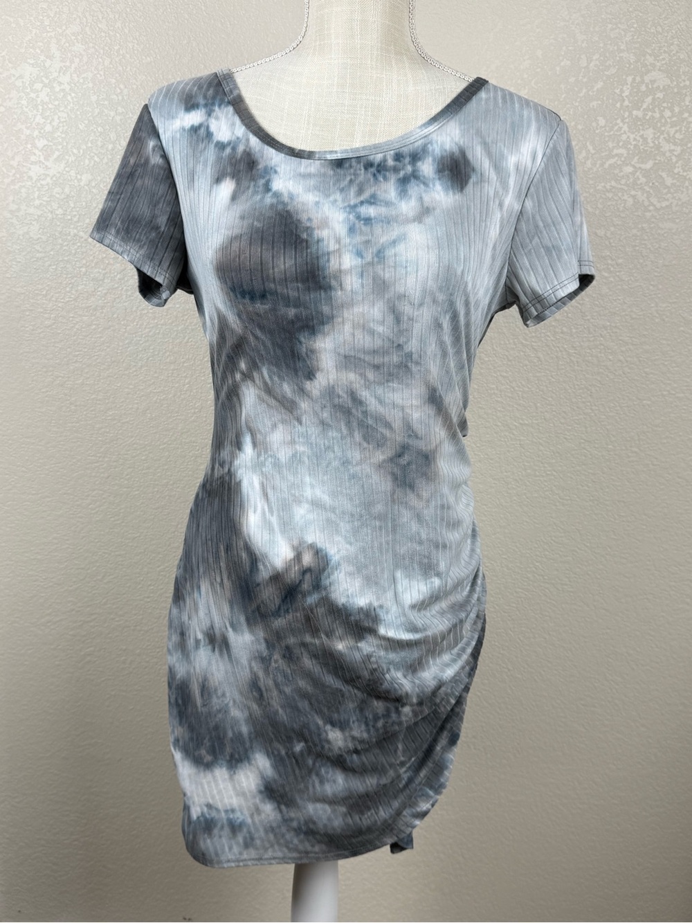 Mm Mm Mm - Tie-Dye Ribbed Short Sleeve Dress - Blue/Gray - Size Large
